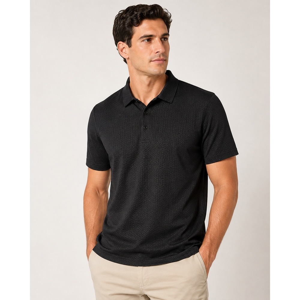 Unbranded Polo Shirt Mens Large Black Textured Basketweave Short Sleeve Casual